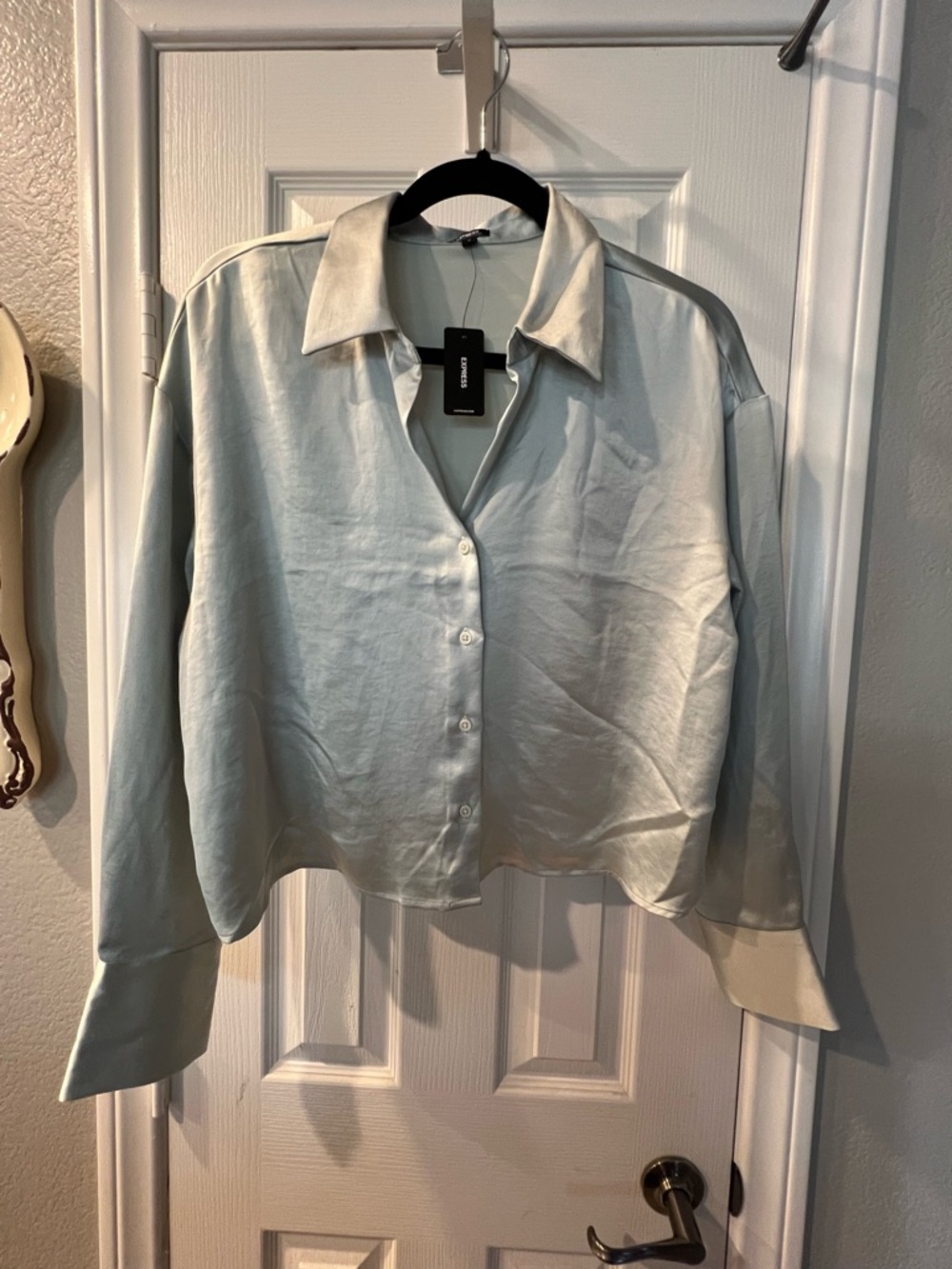 Express Light Sage Green Satin Button-Down Blouse
